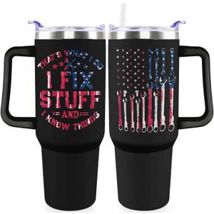 I Fix stuff and I know things Funny Gifts For Men 40 oz Men Travel Tumbler for Fathers Day Gift For Dad Grandpa Husband mechanic Maintenance man Stuff for handyman Trucker Cup With Handle