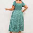 Hanna Nikole Women's Plus Size Summer Maxi Dress Short Sleeve Smocked Square Neck Casual Floral Flowy Dresses with Pockets