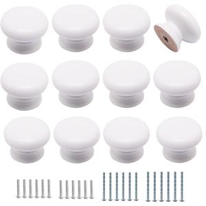 12pcs Wooden Cabinet Knobs, Wood Dresser Knobs Kitchen Cabinet Knob Modern Round Knob for Furniture Cupboard Dresser Drawer Closet Door (White)