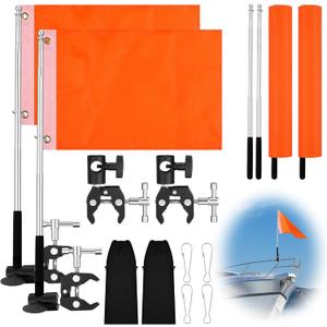 VitalCozy 2 Set Orange Boat Flags 47 Inches Water Ski Kayak Flag 12 x 18 with Pole and Storage Bag 3 Sections Holder for Tubing Wakeboarding Watersports Swimmers Surfer Safety Equipment