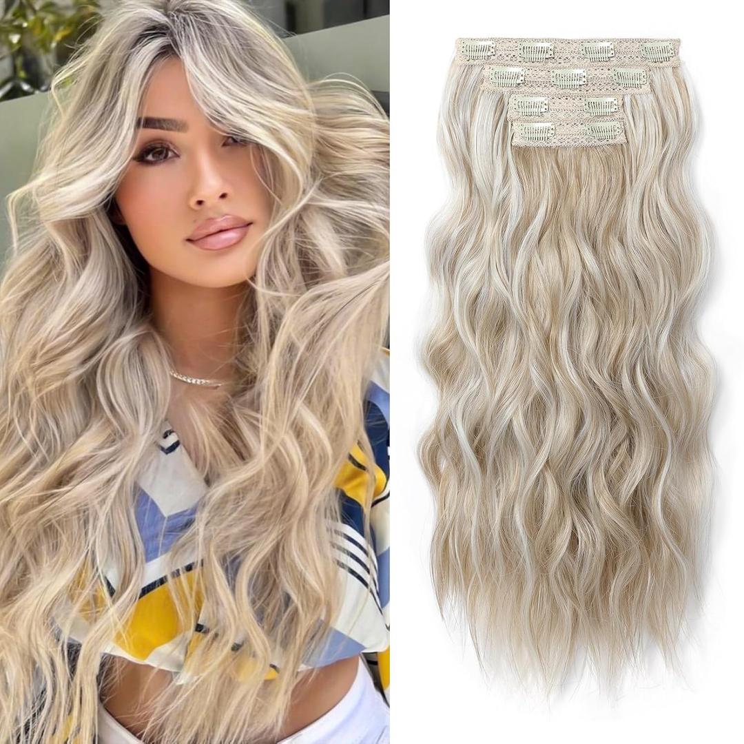 REECHO Clip in Hair Extensions, 4PCS Blonde Hair Extensions 24" Thick Long Beach Waves hair extensions HE003 Invisible Lace Weft Natural Soft Hairpieces for Women  Ash Blonde with Highlights