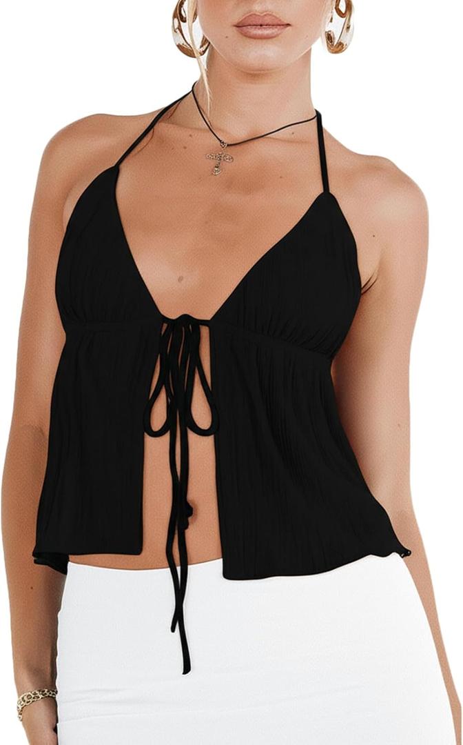 RUEWEY Women Y2K Backless Crop Top Vintage Sexy Tie Up Halter Deep V Neck Spaghetti Strap Cami Top Streetwear (Small), A-black RUEWEY Women Y2K Backless Crop Top Vintage Sexy Tie Up Halter Deep V Neck Spaghetti Strap Cami Top Streetwear (Small), A-black