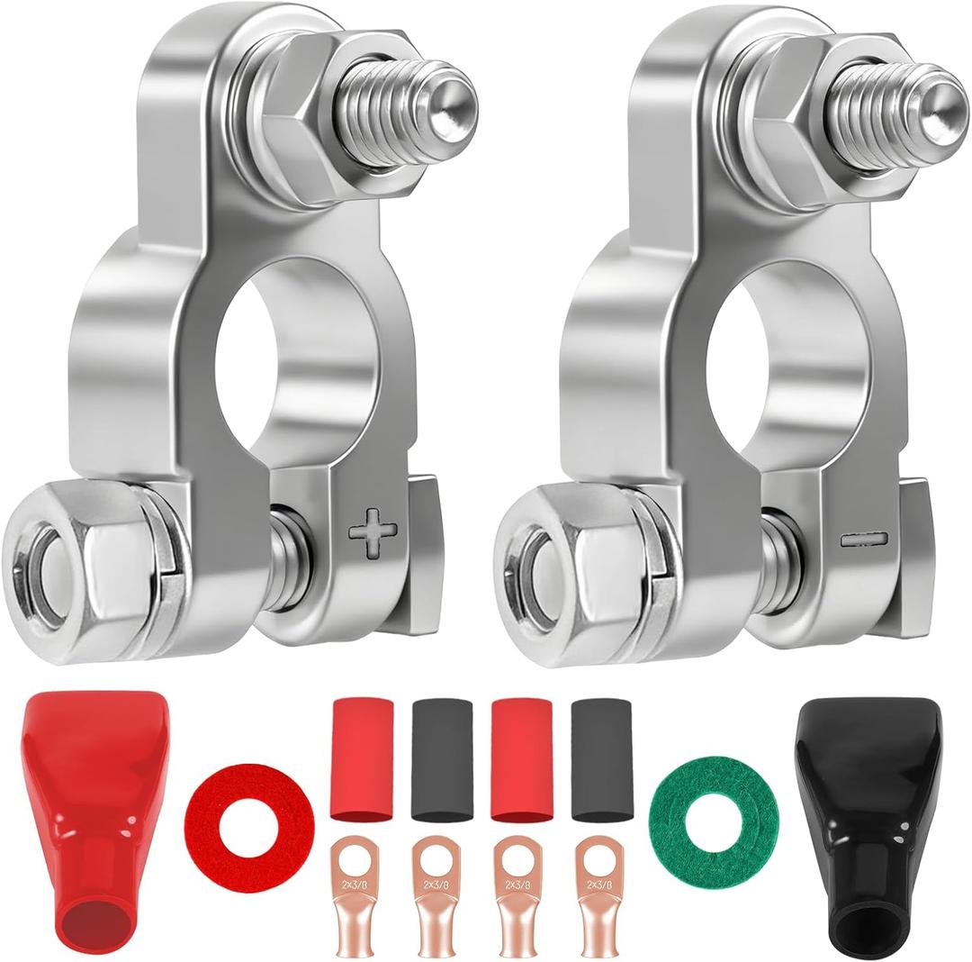 Battery Terminal Connectors,Military Spec Positive Negative Heavy Duty Battery Terminals with 4 pcs 2 Gauge 3/8" Copper Lugs,4 Heatshrink,2 Cover and Anti Corrosion Washers,14pcs