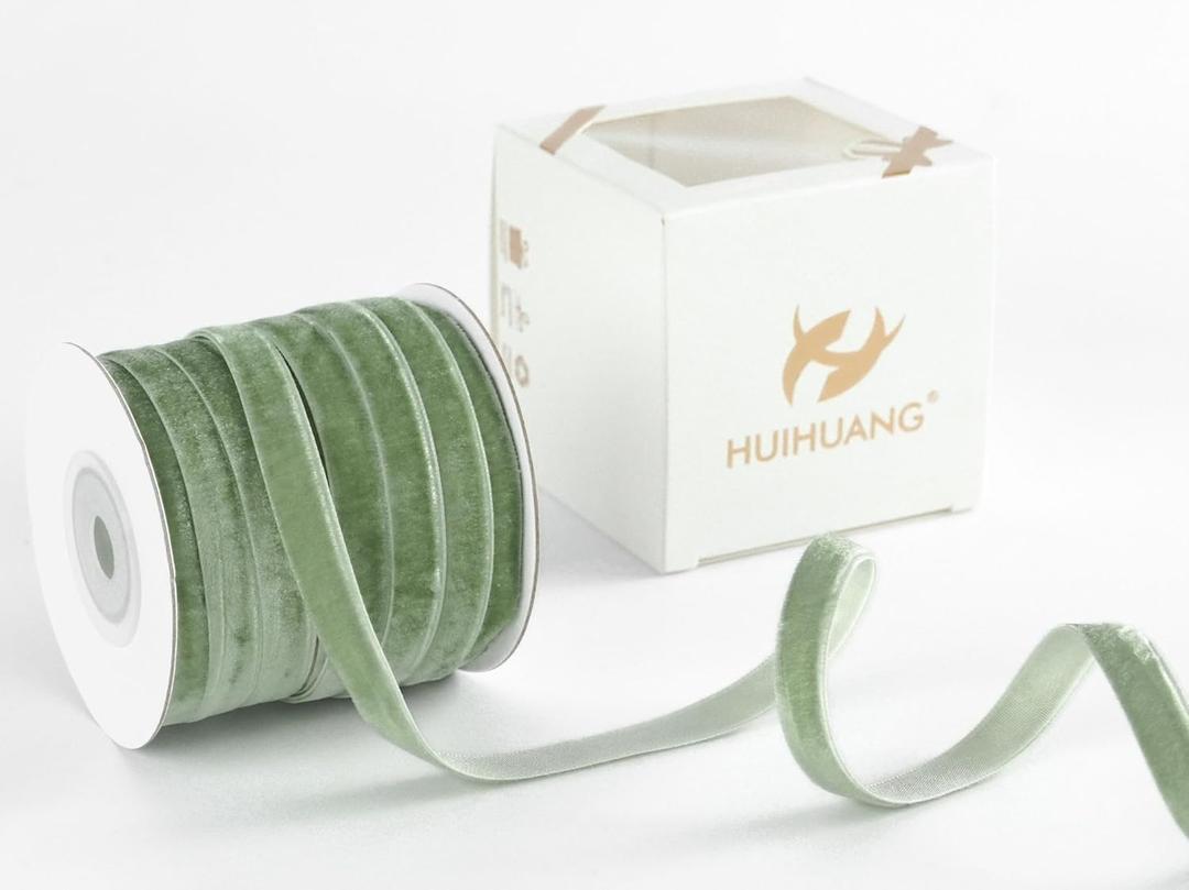 HUIHUANG Sage Green Velvet Ribbon 3/8 inch x 25 Yards Single Face Vintage Sage Velvet Ribbon for Gift Wrapping, Christmas Tree Ornaments, Wreath Decor, Invitations, Bows, Flower Bouquet, Fall Decor