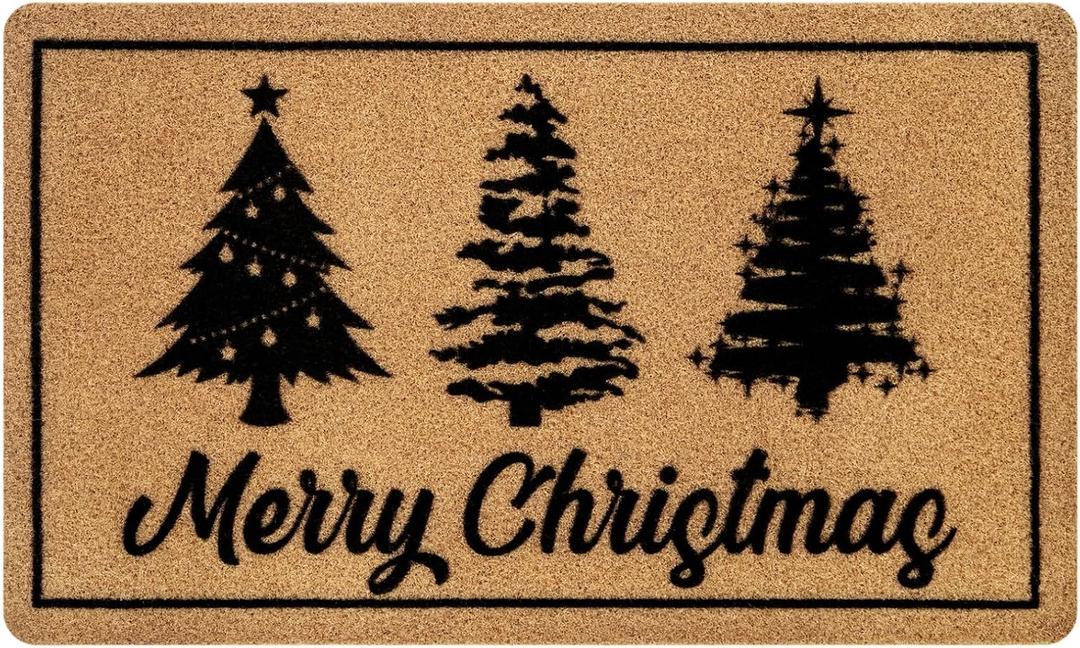 Christmas Door Mat Outdoor, 30'' x 17'' Coir Merry Christmas Welcome Doormat With Trees, Non-Slip Washable Rug for Home Decor, Front Door, Indoor Bath, Kitchen, Entryway