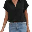 Avanova Women Button Down Short Sleeve Shirt Blouse V Neck Work Business Top, XL, Black