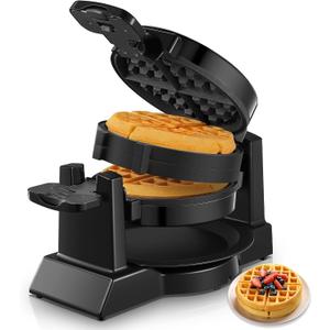 Waffle Maker, 1400W Double Belgian Waffle Iron 180 Flip, 8 Slices in 3 Mins, Rotating & Nonstick Plates, Anti-Scald, Removable Drip Tray Easy to Clean, Cool Touch Handle, Space-Saving Storage(Black)