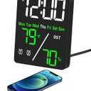Digital LED Alarm Clock with Thermo-Hygrometer,Dual Alarms,Snooze,Date & Year Display,12/24 Hour Switch,Weekdays,DST,Auto Dimmable with 3 Brightness Levels,USB Output (5V1A), White+Green Digits 