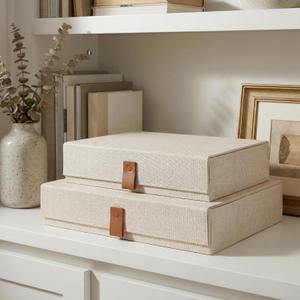 Decorative Photo Storage Boxes with Lids - Set of 2 Beautiful Linen Organizers Are Perfect to Safely Store Your Pictures, Documents, Scrapbooking Supplies, Keepsakes and Other Memories in Style (Ivory)