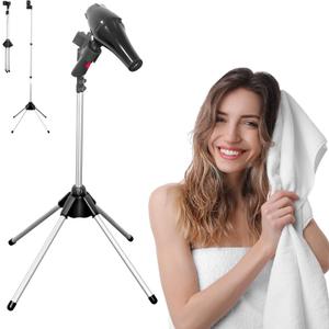 Hands Free Hair Dryer Stand Holder - Adjustable Blow Dryer Stand with Universal Non-Slip Clip & Sturdy 4-Leg Base, Aluminum Frame for Home Styling, Elderly & Pet Grooming
