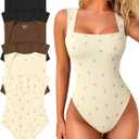OQQ Women's 3 Piece Bodysuits Sexy Ribbed Strappy Square Neck Sleeveless Tummy Control Tank Tops Bodysuits (Black,coffee,roses Beige)