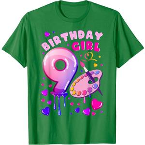 9th Birthday, Girl 9 Years, Painting Art, Number 9 T-Shirt, L