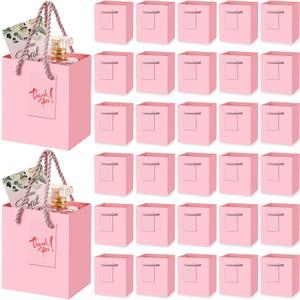 PerKoop 50 Pcs Mini Gift Bags Bulk with Handles Gift Tags Small Paper Bags for Valentine Birthdays Baby Showers Weddings Party Favors Supplies 4 x 2.75 x 4.5 Inch(Pink)