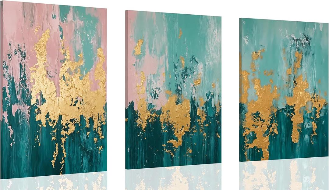 3pcs Framed modern Abstract Pictures Wall Art Modern Green & Pink with Gold Accents Canvas Prints Posters Neutral Minimalist Art paintings Wall Decor for Living Room Bedroom Office Home (12x16, Colored gold foil)
