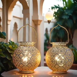TRIROCKS Set of 2 Moroccan Style Metal Table Lamp 7'' High Battery Powered Cordless Lamp with LED Fairy Lights Bulb Perfect for Home Living Room Parties Tabletop Indoors (White)