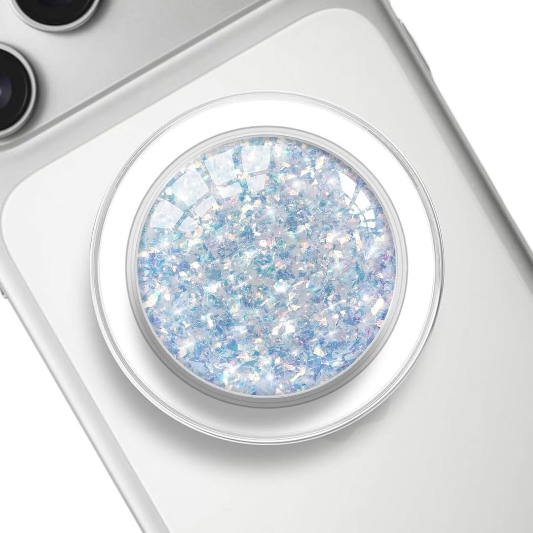 Transparent Magnetic Phone Grip Holder, Compatible for Magsafe Phone Grip, Collapsible Expandible Mobile Phone Grips Stand for iPhone 17 16 15 14 13 12 Series - Clear Crystal Blue Fragment Glitter