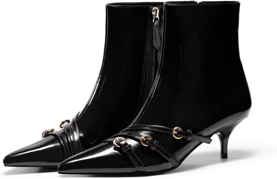 Coutgo Womens Buckle Strap Ankle Booties Kitten Low Heel Pointed Toe Y2K Boots Side Zipper Fall Shoes (6.5, Black)