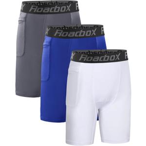 Roadbox Youth Boys Compression Shorts - Spandex Athletic Kids Running Compression Underwear for Basketball Baseball Soccer (Small, White Gray Blue)