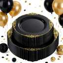 102PCS Black and Gold Plastic Plates - Black Disposable Plates - Heavyweight Disposable Plate with Gold Rim - Fancy Dinner & Dessert Plate for 51 Guests Weddings & New Year Party