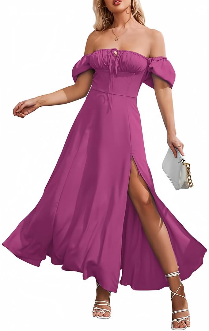 KUTUMAI Women Summer Puff Sleeve Off Shoulder Floral Flowy Long Maxi Dress HotPink S (Pink, S)