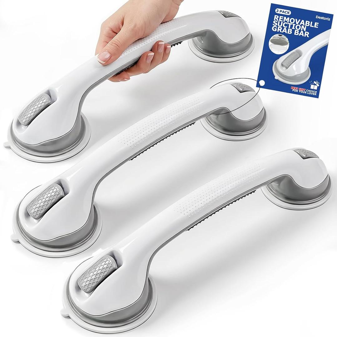 Grab Bars for Shower, 3 Pack Suction Cup Shower Handle with Textured Grip, 16.5 Inch Removable Bath Handrails for Seniors, Elderly and Handicap, Drill-Free Balance Support for Smooth Tile