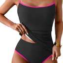 Eomenie Women's Tankini Swimsuits Two Piece Tummy Control Bathing Suit Color Block Slim Swimwear with High Waisted Bottom (Large, Black and Pink)