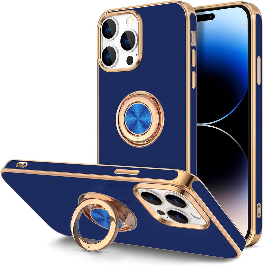 Hython for iPhone 14 Pro Max Case with Ring Stand [360 Rotatable Ring Holder Magnetic Kickstand] [Support Car Mount] Plated Gold Edge Slim Soft TPU Luxury Protective Phone Case Cover, Blue