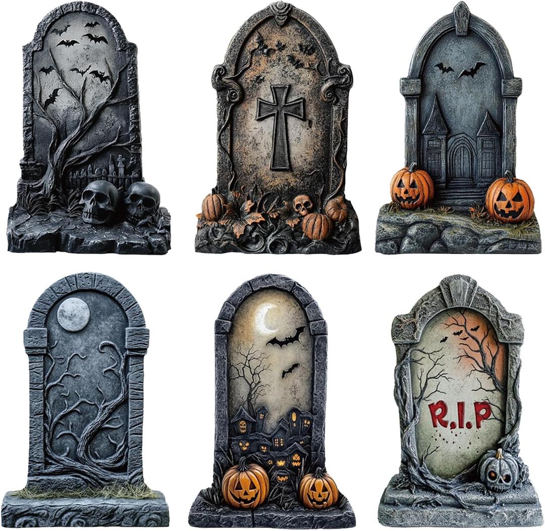 6 Pieces Halloween Tombstone Yard Signs, Waterproof Tombstone Halloween Yard Decorations with Stakes, Ghost Skull Pumpkin Graveyard Design for Outdoor Yard, Garden Lawn, Holiday Party