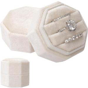 Gvhntk Velvet 3 Slots Jewelry Ring Box Vintage Octagon Ring Display Holder Gift Premium Gorgeous Case with Detachable Lid for Wedding Engagement Proposal Keepsake Ceremony (Beige)