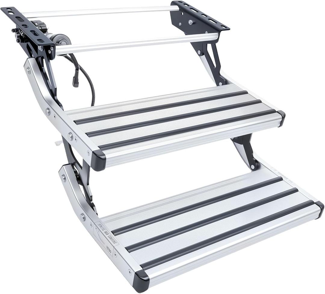 Electric Retractable RV Steps with LED Light, 2-Step, 400 LBS Load Capacity, Foldable Aluminum Alloy Camper Steps, Thickened Steel Plate Trailer Steps, Non-Slip Design, Ideal for RV, Trailer, Camper (Sliver)