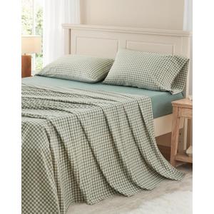 PURE ERA King Sheet Set 100% Washed Cotton Green Gingham Bed Sheets King Size, 4 Pieces Set Linen Like Textured Breathable Durable Soft Comfy - 15" Deep Pocket - Checked Sage Green