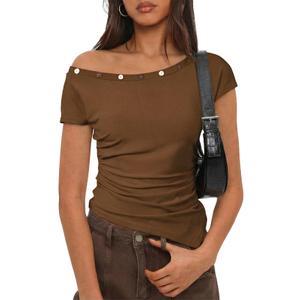 SHEWIN Women Tops Summer Short Sleeve Shirts Dressy Casual Sexy Boat Neck Tshirt Trendy Date Night Off Shoulder Blouses 2026 Going Out Clothes Size L, Brown (Brown, L)