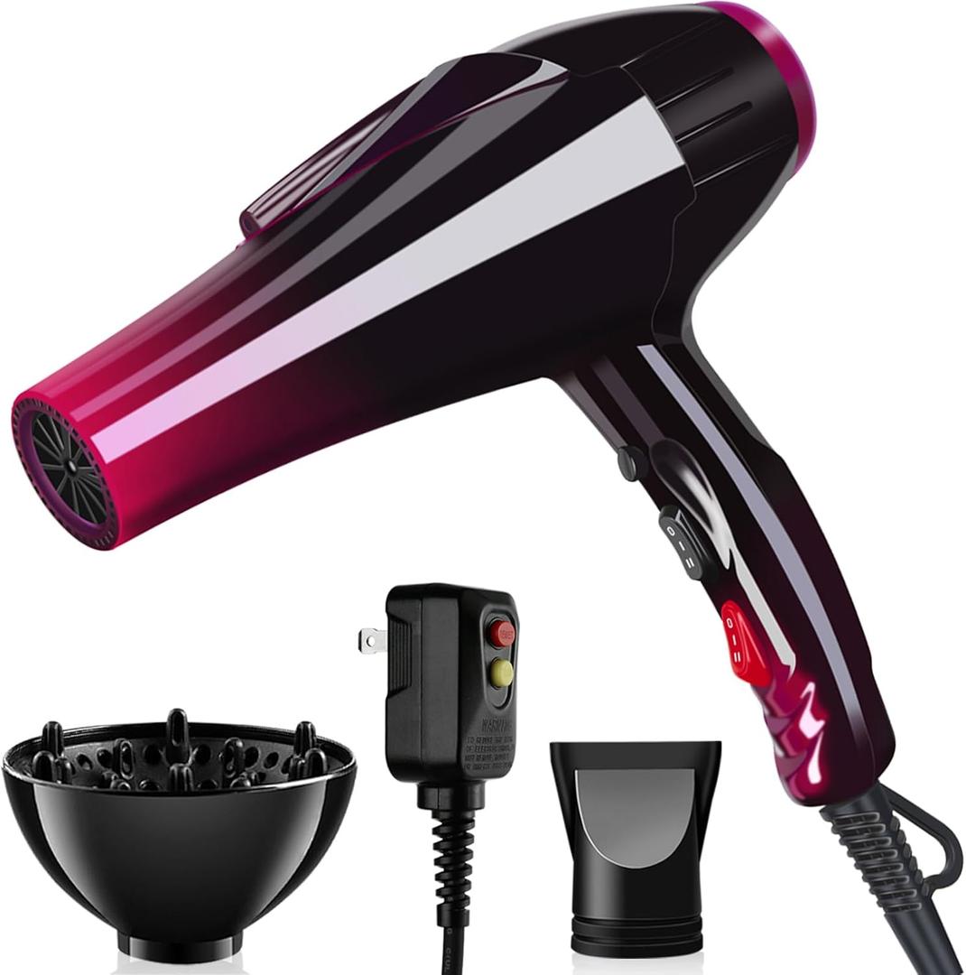 Ionic Hair Dryer with 3500W Motor, 3 Heat/2 Speed Settings, 2 Nozzles, 1 Diffuser for Professional Home Salon Use - Purple