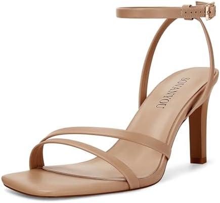 SOVANYOU Heeled Sandals for Women Dressy Square Open Toe Strappy High Heels with Ankle Strap for Wedding Party Daily Wear , Size 6