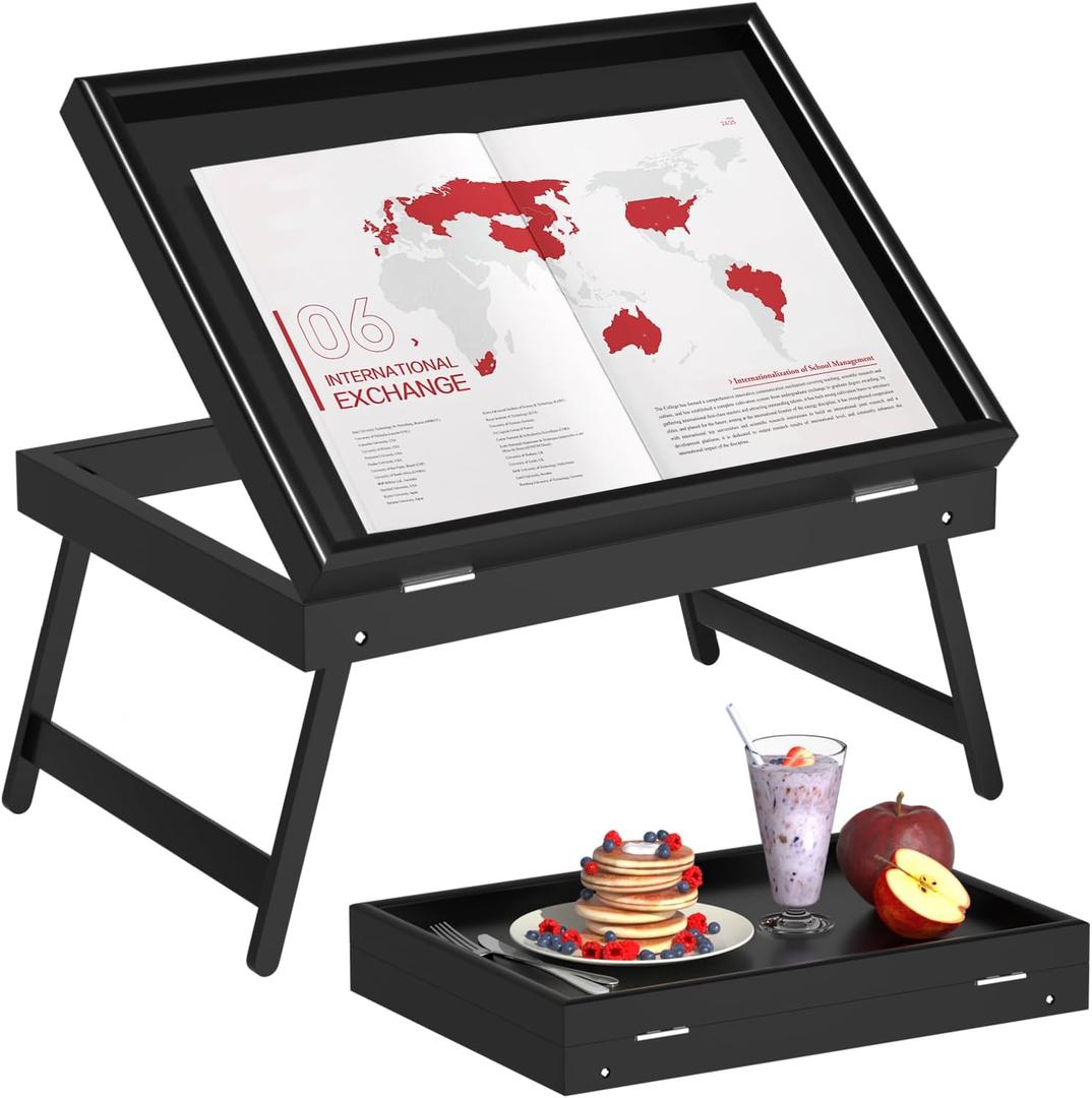 Artmeer Bed Tray Table Breakfast Food Tray with Folding Legs Serving Tray for Laptop Desk, Sofa,Platters,TV,Snack,Eating Tray, Black, Medium