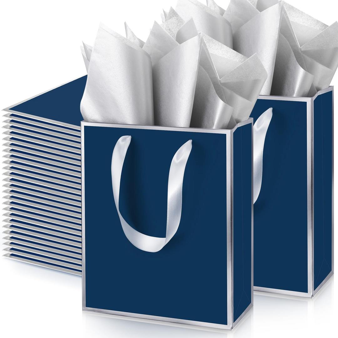 Yeaqee 50 Pack Metallic Paper Gift Bag Bulk with Handle, Navy Blue, Silver