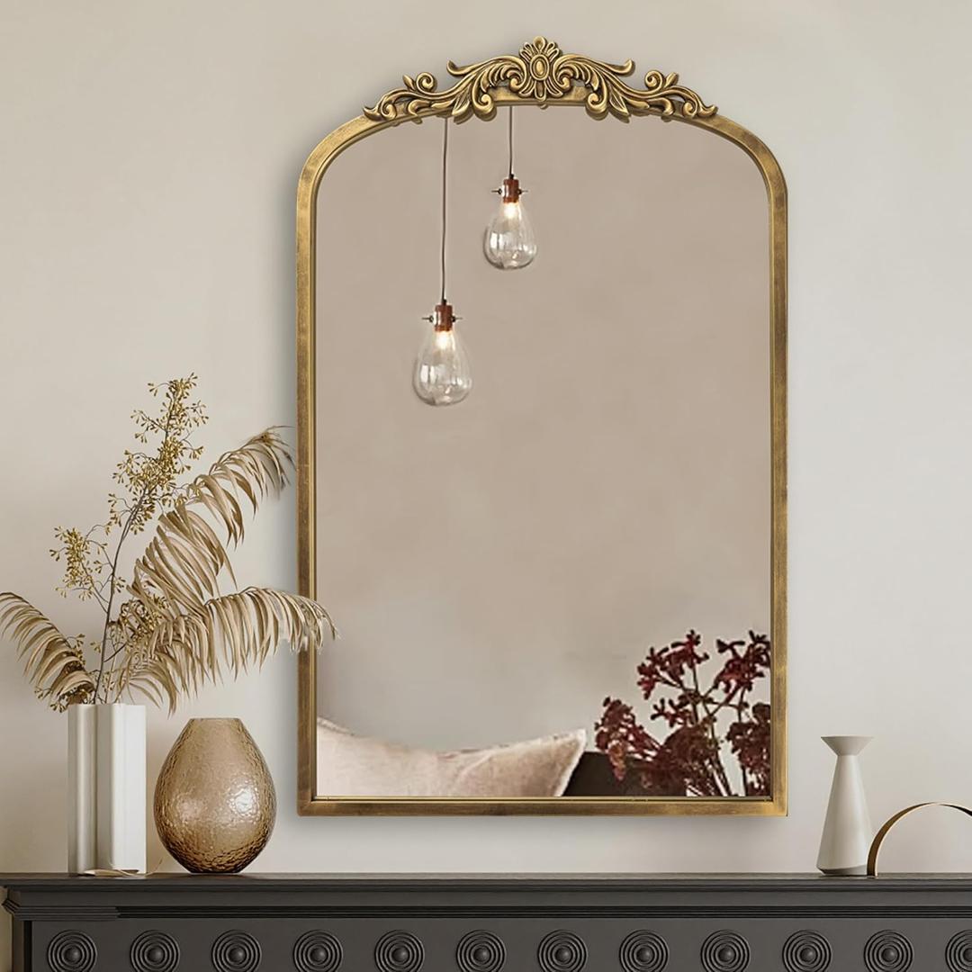 PERFNIQUE Vintage Mirror, 30" X 19" Arched Antique Baroque Mirror, Gold Traditional Wall Decor, Ornate Wall Decor Anthro Look Alike Decor for Bathroom Living Room Fireplace Entryway Hallway