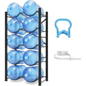 5 Gallon Water Jug Holder, 5-Tier Heavy Duty Water Bottle Rack for 10 Bottles, Reinforced Carbon Steel 5 Gallon Water Bottle Holder for Office, Family, Garages, Restaurant Gym (Black)