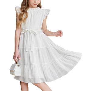 Arshiner Tween Girls Summer Dress Formal Ruffle Sleeve A Line Casual Elegant Dresses with Belt (White) 14