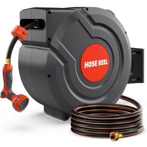 Retractable Garden Hose Reel 130 FT 1/2 Inch 180 Swivel Automatic Slow Return Any Length Lock Hose Reels for Outside 9 Pattern Sprayer Nozzle UV Resistant