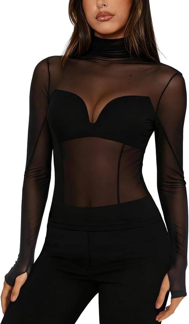 Women's Mesh Sheer Long Sleeve Tops Sexy See Through Mock Neck Going Out Shirts (Medium, Black)