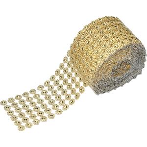 4" x 10 Yards 6 Rows Faux Diamond Bling Wrap, Gold Flower Pattern Faux Rhinestone Crystal Mesh Ribbon Roll for Wedding Decorations, Wedding Cake, Birthdays, Party Supplies, Arts & Crafts