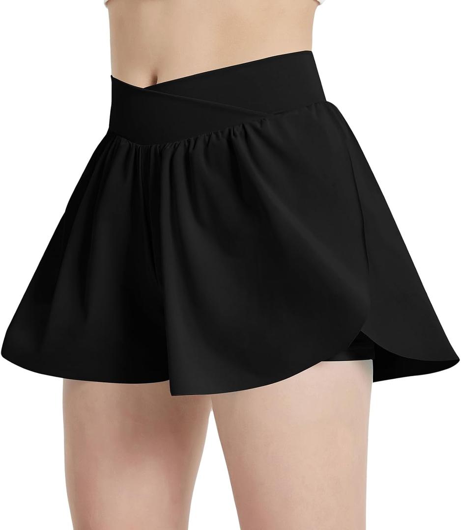EXARUS Girls Crossover Shorts Butterfly Flowy Cheer Flutter Dance Skort | Teen 2 in 1 Skirt Athletic Running Sports Youth Tween Summer Clothes Workout Tennis Kids Casual Track Gym Pockets 6-14Y (Black)