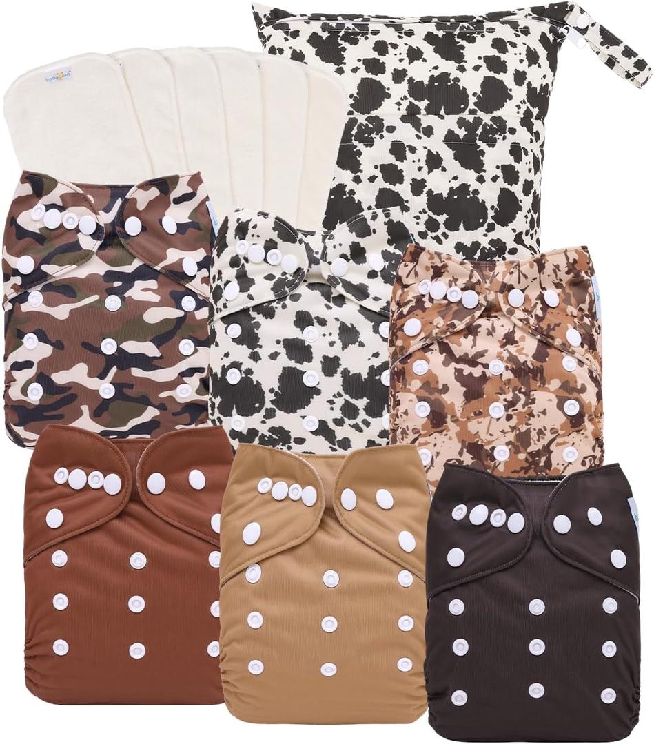 babygoal Reusable Cloth Diapers 6 Pack with 6pcs Rayon from Bamboo Inserts and Wet Bag, Baby Washable Pocket Nappy,6FN56-MB-B (Medium, Neutral Color 56)