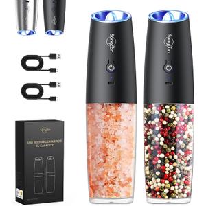 Sangcon Gravity Electric Salt and Pepper Grinder Set Shakers - UPGRADED RECHARGEABLE 9OZ XL Capacity USB-C No Battery Needed - LED Light One Hand Operation, Adjustable Coarseness Automatic Mill Set