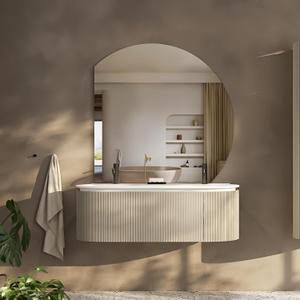 Half Moon Bathroom Mirror Wall Mounted, 32" Frameless Irregular Wall Mirror, Modern Decorative Vanity Mirror for Restroom Bedroom Entryway Living Room, Shatterproof, Right/Left Cut