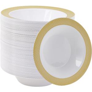 JOLLY CHEF 100 Disposable Plastic Bowls, 12oz Heavy Duty Disposable Dinner Bowls, Dessert Bowls with Gold Rim for Party, Dinners, Catering, Thanksgiving and Everyday Use