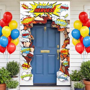 Preboun Hero Themed Party Decorations Porch Banner Welcome Hero Themed Birthday Backdrop Decoration Hanging Building Porch Sign for Wall Door Archway Birthday Red and Blue Party Photo Prop Decor