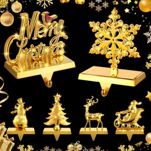 Suzile 6 Pcs Christmas Stocking Holders for Mantel Xmas Stocking Hooks with LED Light for Mantel Fireplace Table Party Decoration Ornaments(Gold)