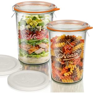 Wide Mouth Canning Jars 27 oz - 2 Pack Sourdough Starter Jars with Glass Airtight Lids & Plastic Lids, Large Glass Canisters with 2 Measurement Marks for Food Storage, Fermenting, Pickling, Meal Prep